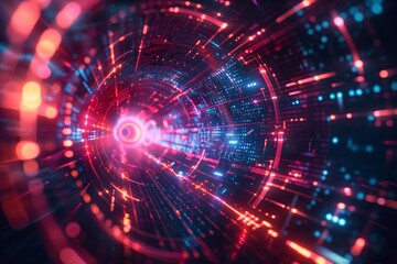 Fototapeta premium Dynamic digital tunnel with glowing red and blue lights symbolizing high-speed data transmission in cyberspace