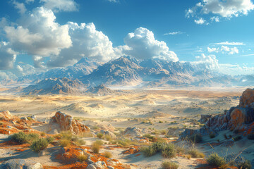 A vast desert landscape, with rolling sand dunes and rocky outcrops, shaped by wind and erosion over millions of years. Concept of arid environments. Generative Ai. - Powered by Adobe