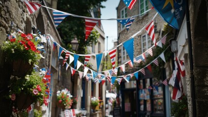 Quaint street decorated with American flags and festive bunting for July 4th celebrations.