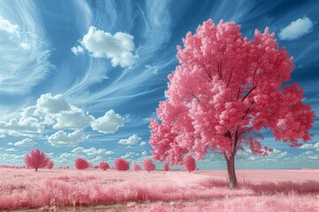 A surreal pink tree stands out in the striking infrared landscape with an artistic blue sky and cloud pattern