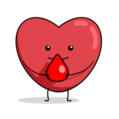 Cute heart give a blood drop. Design for blood donation. World blood donor day. Isolated illustration without background.