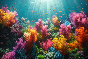 A colorful coral reef teeming with life, from vibrant fish to intricate coral formations, representing the diversity of marine habitats. Concept of coral ecosystems. Generative Ai.