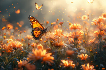 A tranquil meadow bathed in sunlight, with wildflowers swaying in the breeze and butterflies flitting from blossom to blossom. Concept of floral landscapes. Generative Ai.