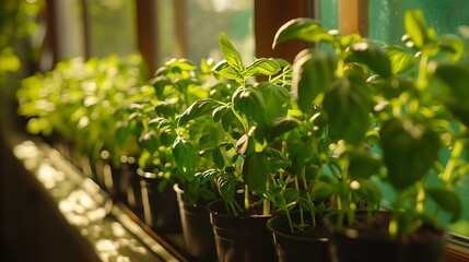 A row of vibrant green herbs growing in pots on a windowsill, ready to add flavor and freshness to meals