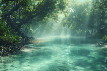 Fototapeta premium A serene mangrove swamp, with tangled roots and brackish waters, providing habitat for unique species adapted to coastal environments. Concept of coastal wetlands. Generative Ai.