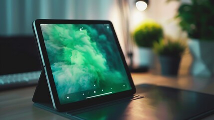 A sleek tablet device resting on a desk, its screen displaying a vibrant green background