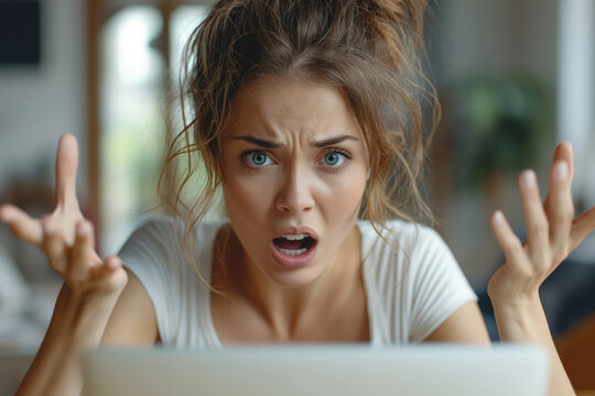 Frustrated young woman experiencing computer problems at home