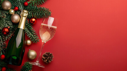 New Year composition with champagne on color background