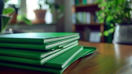 A stack of vibrant green notebooks arranged on a desk, each one waiting to capture thoughts,...