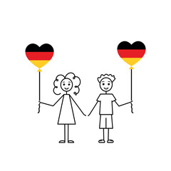 german children, deutsche kinder, love Germany sketch, girl and boy with a heart shaped balloons, black line vector illustration