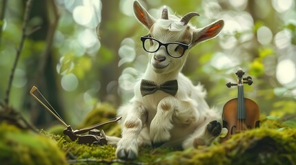 A sweet baby goat wearing a tiny bowtie and glasses, sitting on a patch of soft moss under a canopy of lush green trees, composing a symphony with tiny instruments - Powered by Adobe
