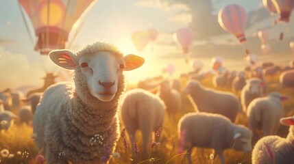 Curious lambs gather in a sunlit field, accompanied by a spectacle of floating balloons, heralding...