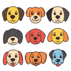 Nine cartoon dog faces, various colors expressions, cute puppy illustrations, isolated white background, illustration features different combination fur colors ear shapes, representing various