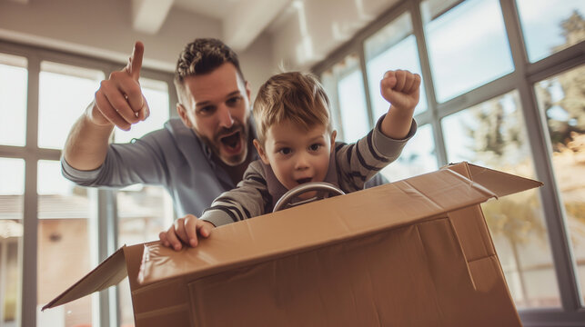 Pai e filho pilotando uma caixa de papel&atilde;o em alta velocidadeFather and son driving a cardboard box at high speed