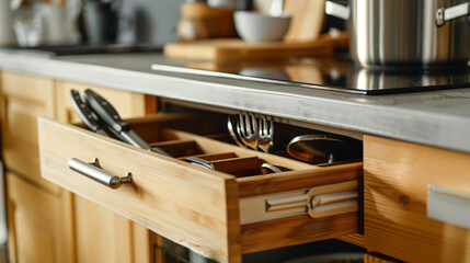 Open drawer with utensils in kitchen closeup