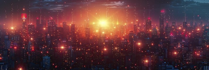 Obraz premium Explore an educational IoT technology guide through a sleek cyber city network in cool hues.