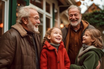 Happy family, Grandfather and grandson are happy to meet, smiling
