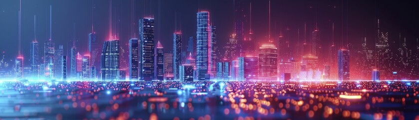 Experience a vibrant digital cityscape in neon and blue, ideal for showcasing network infrastructure in presentations.