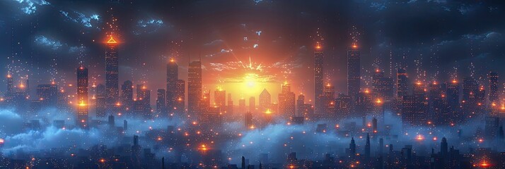 Obraz premium Elegant art of a digital city network in blue and neon tones, ideal for high tech company branding.
