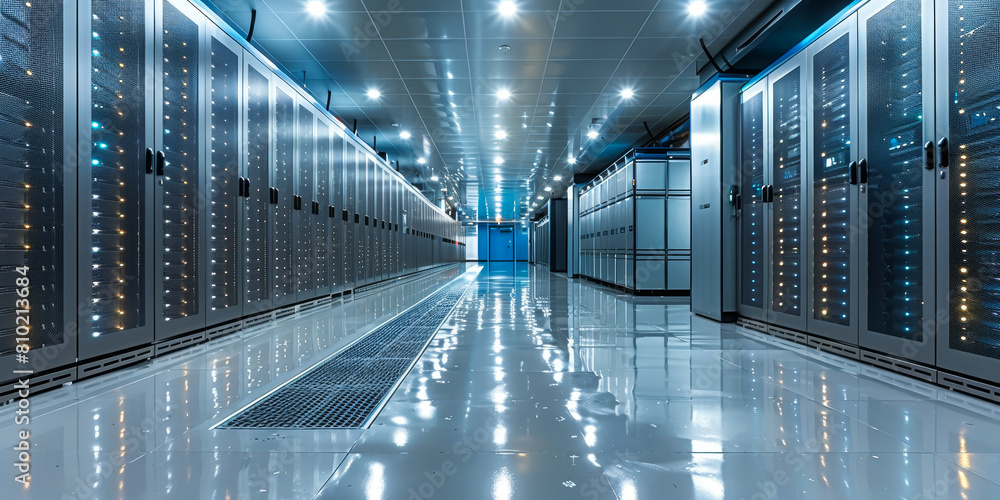 Poster state-of-the-art data center showcasing modern server racks in a high-tech network operations room