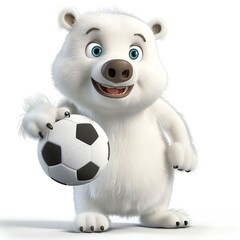 A cute and cuddly polar bear, perfect for a children's book illustration. The bear is standing on its hind legs, holding a soccer ball in its paws, and has a big smile on its face.