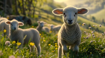The soft bleating of lambs mingles with the rustle of grass in a serene countryside setting