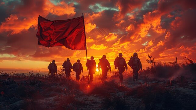 An image of soldiers with a flag against a dramatic sunset on the Day of Valor (Araw ng Kagitingan).