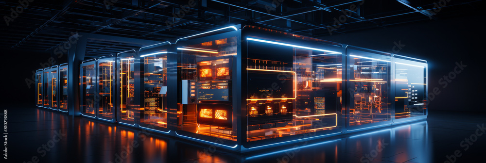 Aufkleber futuristic data center with illuminated server racks in a dark room featuring cutting-edge network t