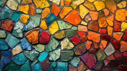 Close-up image of an abstract mosaic, highlighting the intricate details of each colorful tile and their textural beauty