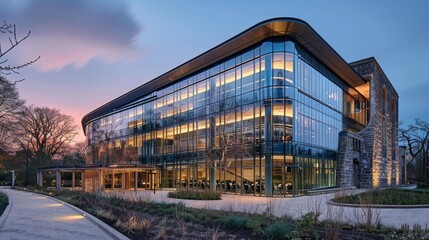 A remarkable photo of contemporary glass building exterior at dusk with warm lighting and dramatic sky
