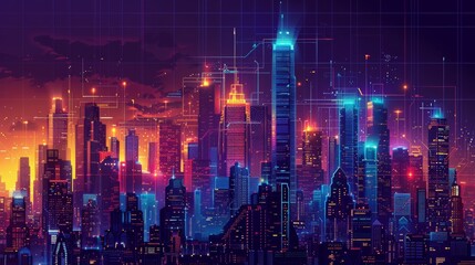 A digital artwork showcasing a cityscape pulsating with neon lights and overlayed with a futuristic cybernetic grid