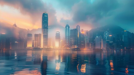 Majestic view of Hong Kong's famous skyline bathed in warm sunset tones reflecting off serene waters