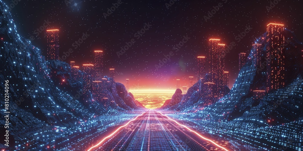 Wall mural illustration showing a virtual landscape of data processing systems with deep blues and neon highlig