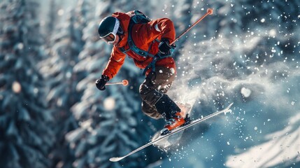 A dynamic image showcasing a snowboarder mid-jump against a backdrop of snow-laden pines