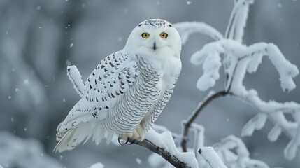 Intense stare of a snowy owl from a snow-enveloped branch during a calm snowfall, accentuating its wild elegance