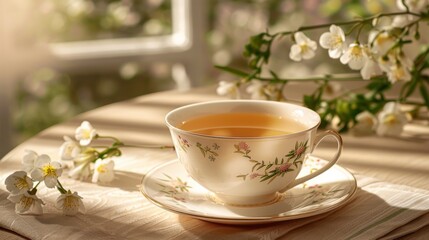 A warm cup of tea paired with fresh jasmine on a table beside a sunny window, creating a cozy, homely vibe