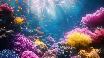 A mesmerizing underwater seascape with colorful corals illuminated by sun rays penetrating the ocean
