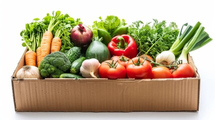 A cardboard box filled with a variety of fresh, organic vegetables on a white background, promoting healthy eating
