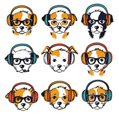 Collection cute dogs wearing headphones glasses. Cartoon dog faces, eyewear, rocking different styles headphones. Various puppy head illustrations, enjoying music, fun dog character design, bold