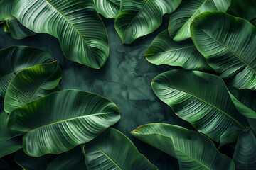 Pattern of tropical banana leaves, dark green background, copy space
