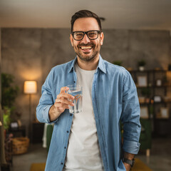 Portrait of adult caucasian man sit and hold glass of water at home