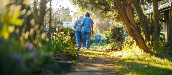 nurse with senior in nursing home park
