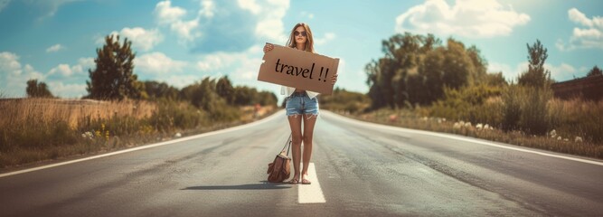 female traveler on the road with sign