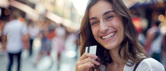 smiling young woman holding credit card on the street