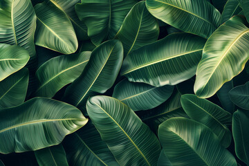 Pattern of tropical banana leaves, dark green background 