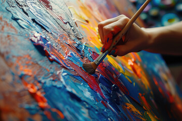 Close up of a creative artist's hands painting vibrant strokes on a canvas with oil paint and brush.