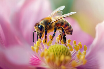 Honey bee on a flower collects pollen.