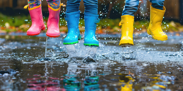 Children in colorful rubber boots playing and jumping in water puddle on a rainy day.