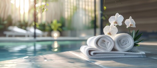 towels with orchid flowers in the spa