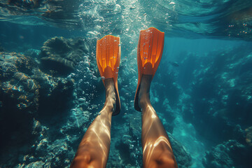 A person swimming underwater wearing diving flippers, view of legs with flippers, 3D